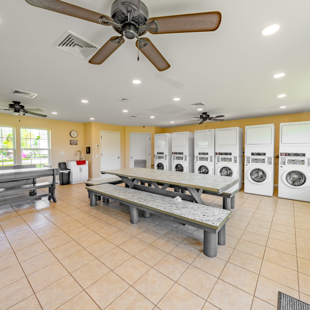 Laundry room with folding tables