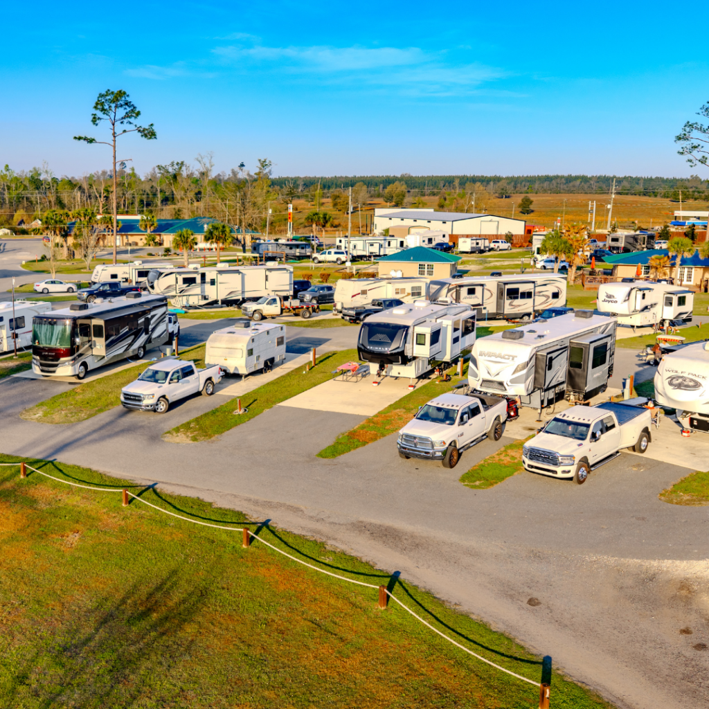 Drone view of deluxe, premium and standard RV sites at Florida Caverns RV Resort