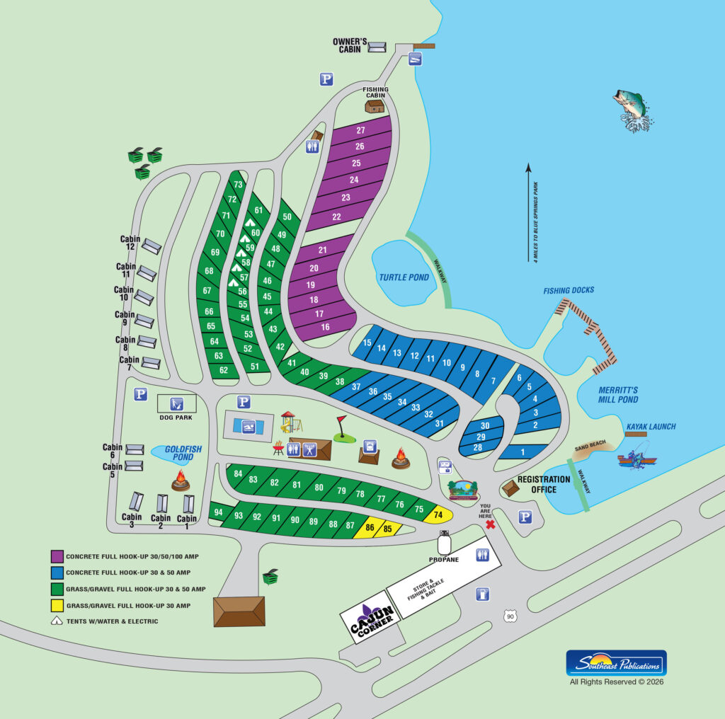 Florida Caverns RV Resort map, featuring Merritt's Mill pond in the top right corner, the RV sites along the shores, and amenities and office toward the bottom left corner