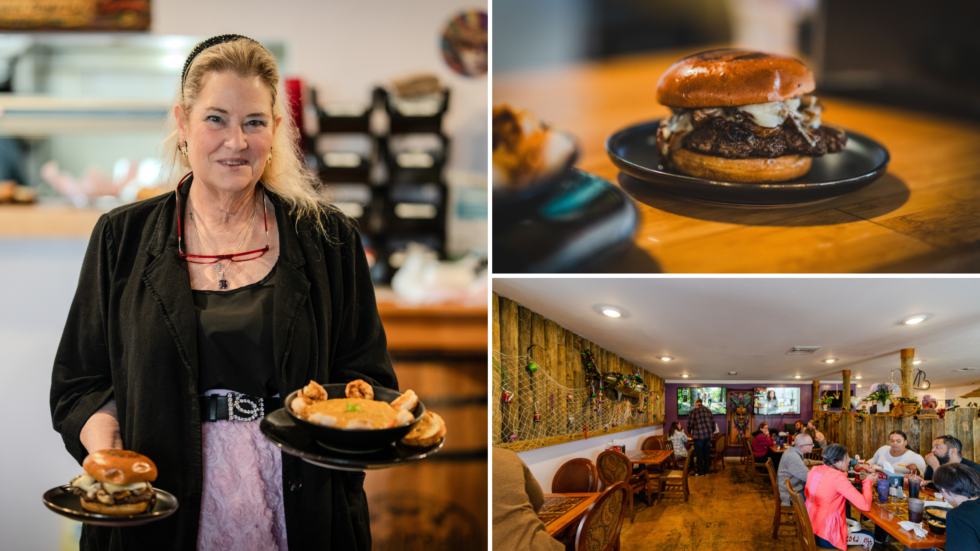 3 images of Cajun Corner, featuring owner holding two plates of food, an up close of their burger, and a view of the dining area.